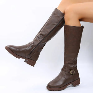 Women Knee High Boots Platform Long Boots Low Heels Round Toe Shoes New Zip Brown High Boot Vintage Pu Leather Women Boots 2025 MU Group