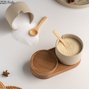 Japanese Kitchen Spice Jar Combination Salt and Pepper Shaker Oil Pot Set Ceramic Seasoning Jar Home Solid Color Seasoning Tool MU Group