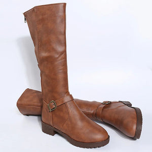 Women Knee High Boots Platform Long Boots Low Heels Round Toe Shoes New Zip Brown High Boot Vintage Pu Leather Women Boots 2025 MU Group