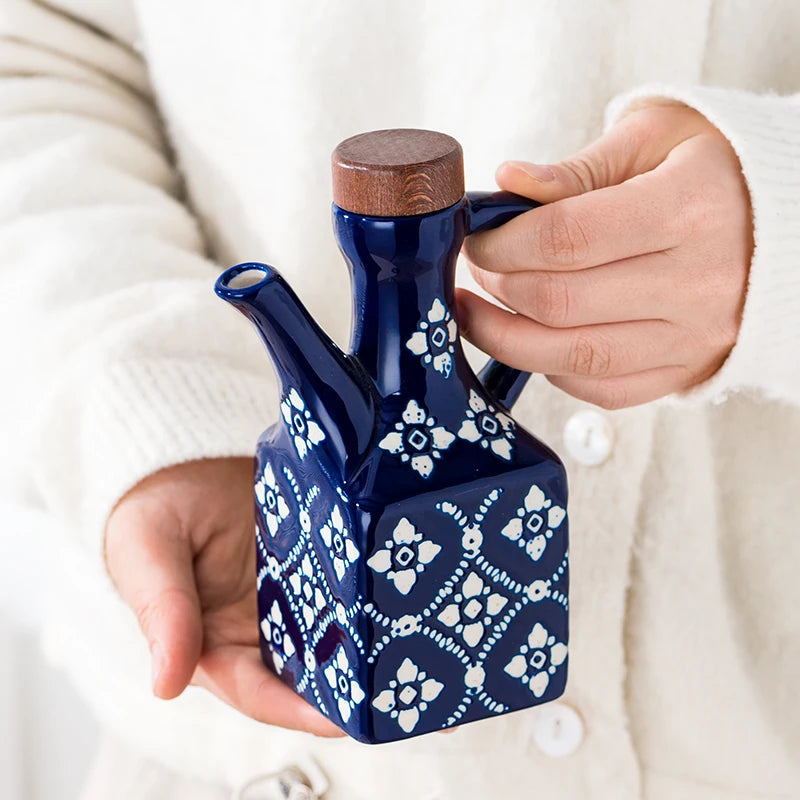 Underglaze Ceramic Oil Pot with Wooden Lid – Blue Flower Design | For Oil, Vinegar, Soy Sauce & Seasonings MU Group