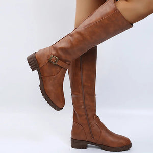 Women Knee High Boots Platform Long Boots Low Heels Round Toe Shoes New Zip Brown High Boot Vintage Pu Leather Women Boots 2025 MU Group