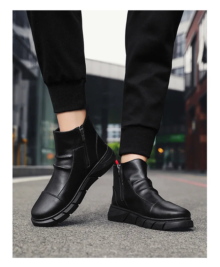 Black Boots for Men Fashion Leather Shoes Platform Ankle Boots Outdoor Comfortable Soft Men Motorcycle Booties Botas Hombre Piel MU Group