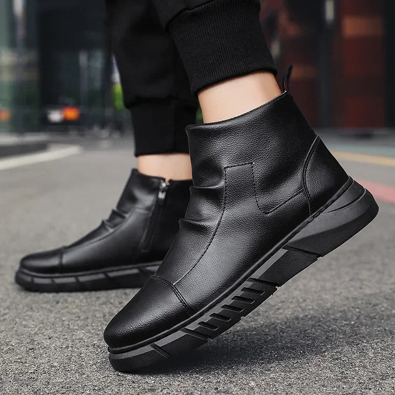 Black Boots for Men Fashion Leather Shoes Platform Ankle Boots Outdoor Comfortable Soft Men Motorcycle Booties Botas Hombre Piel MU Group