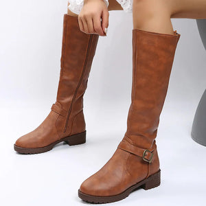 Women Knee High Boots Platform Long Boots Low Heels Round Toe Shoes New Zip Brown High Boot Vintage Pu Leather Women Boots 2025 MU Group