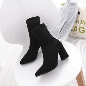 Ankle Chunky High Heel Sock Chelsea Boots Women Autumn Fashion Pointed Frosted Suede Short Boots Female Pumps Sexy Warm Boots MU Group