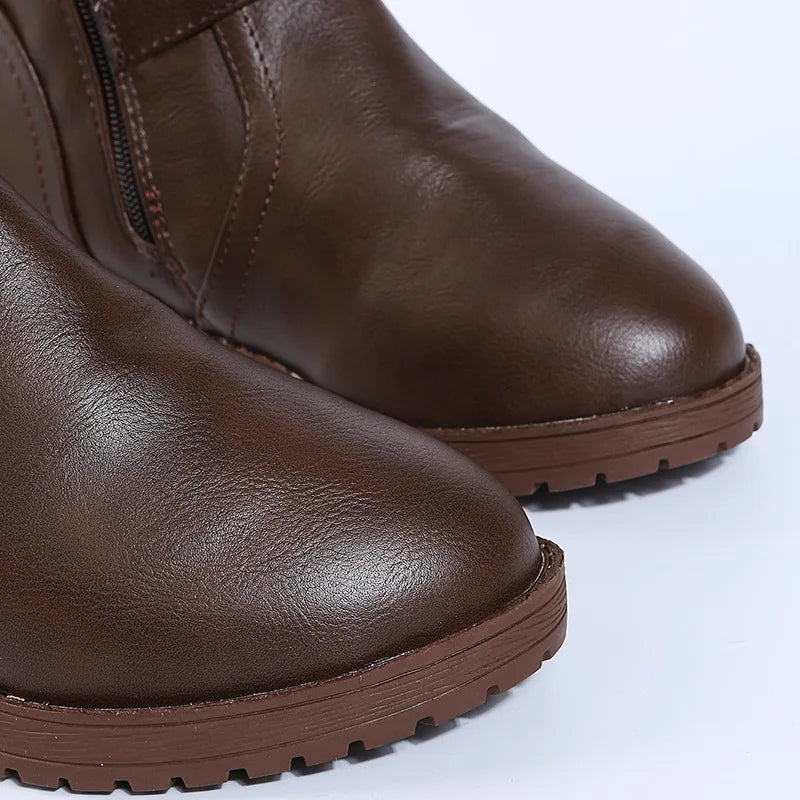 Women Knee High Boots Platform Long Boots Low Heels Round Toe Shoes New Zip Brown High Boot Vintage Pu Leather Women Boots 2025 MU Group