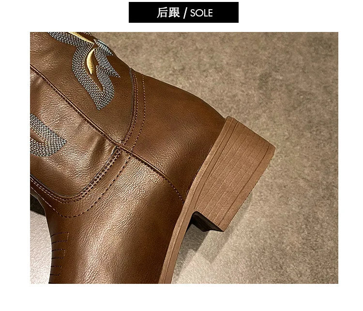 Versatile Western Cowboy Boots Summer Coarse Heel Embroidered Sleeve Knight Boots Mid Barrel Square Head Horseshoe Large MU Group