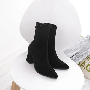 Ankle Chunky High Heel Sock Chelsea Boots Women Autumn Fashion Pointed Frosted Suede Short Boots Female Pumps Sexy Warm Boots MU Group