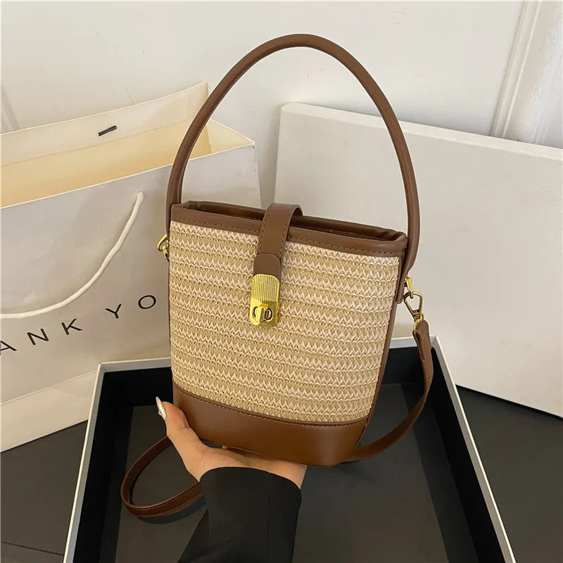 Women’s Fashion Trends Straw Bucket Bag Female Summer Handmade Woven Shoulder Bags Ladies Shopping Purse New Beach Bags Handbags MU Group