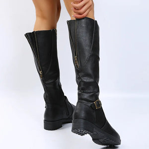 Women Knee High Boots Platform Long Boots Low Heels Round Toe Shoes New Zip Brown High Boot Vintage Pu Leather Women Boots 2025 MU Group