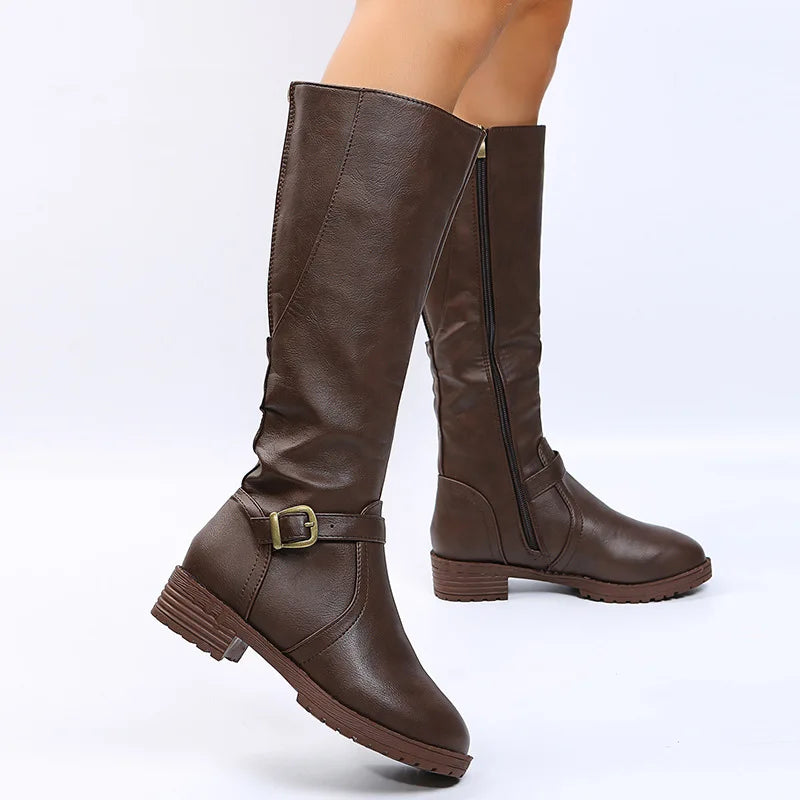 Women Knee High Boots Platform Long Boots Low Heels Round Toe Shoes New Zip Brown High Boot Vintage Pu Leather Women Boots 2025 MU Group