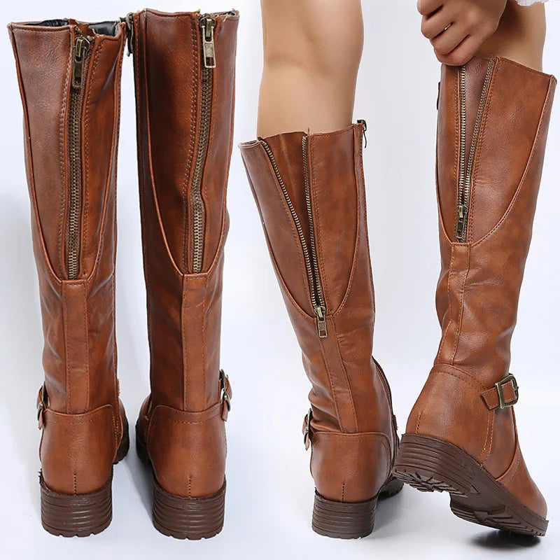 Women Knee High Boots Platform Long Boots Low Heels Round Toe Shoes New Zip Brown High Boot Vintage Pu Leather Women Boots 2025 MU Group