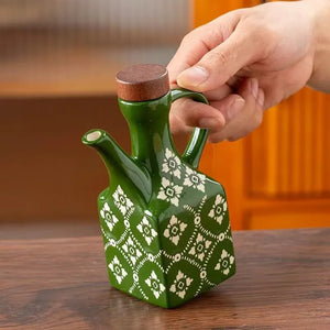 Underglaze Ceramic Oil Pot with Wooden Lid – Blue Flower Design | For Oil, Vinegar, Soy Sauce & Seasonings MU Group
