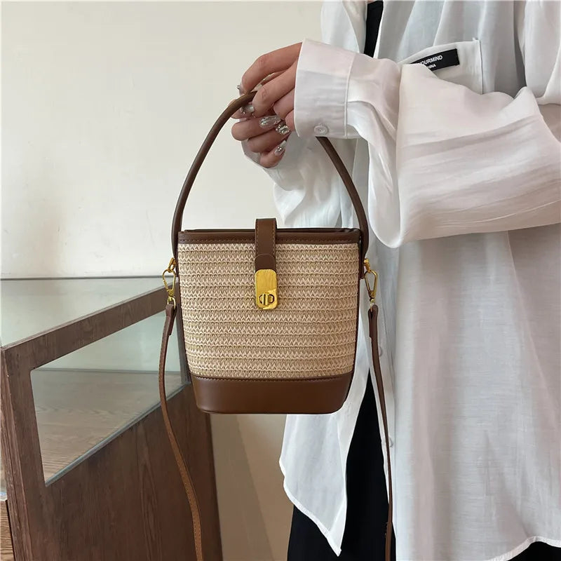 Women’s Fashion Trends Straw Bucket Bag Female Summer Handmade Woven Shoulder Bags Ladies Shopping Purse New Beach Bags Handbags MU Group