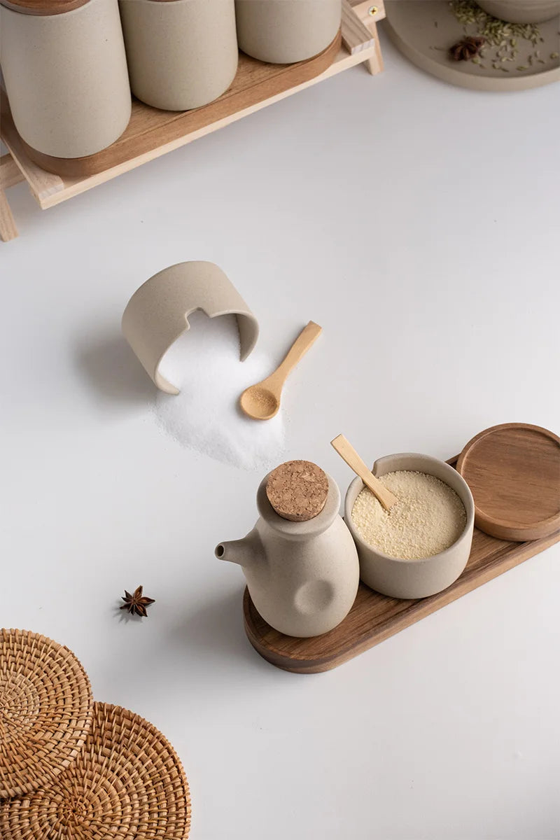 Japanese Kitchen Spice Jar Combination Salt and Pepper Shaker Oil Pot Set Ceramic Seasoning Jar Home Solid Color Seasoning Tool MU Group