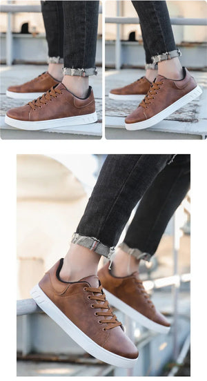 Classic Men Leather Shoes Thick-soled Casual Sneakers Trendy Lace-up Walking Shoes Spring Anti-slip Comfortable Vulcanized Shoes MU Group