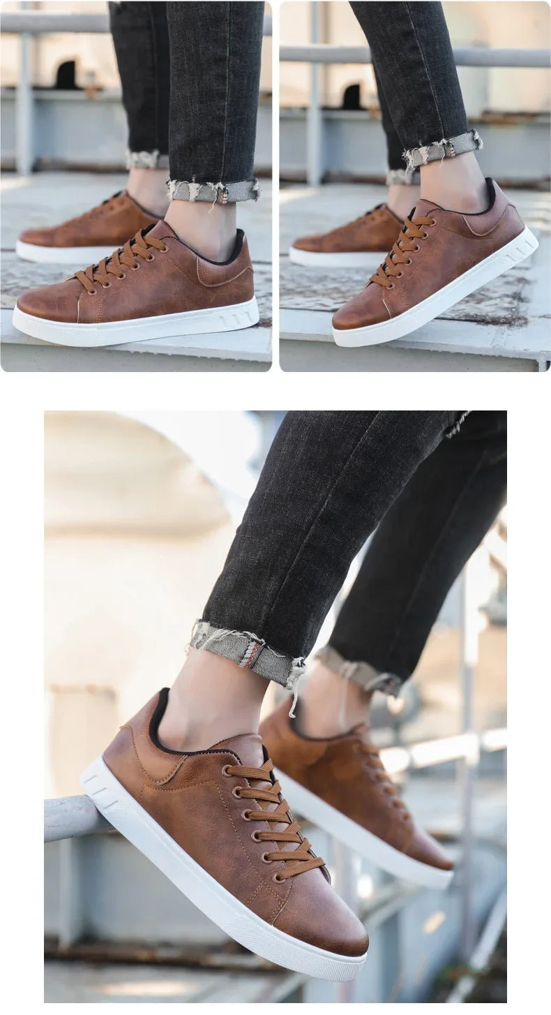 Classic Men Leather Shoes Thick-soled Casual Sneakers Trendy Lace-up Walking Shoes Spring Anti-slip Comfortable Vulcanized Shoes MU Group