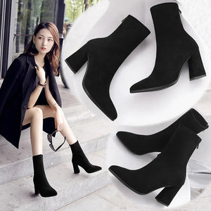 Ankle Chunky High Heel Sock Chelsea Boots Women Autumn Fashion Pointed Frosted Suede Short Boots Female Pumps Sexy Warm Boots MU Group