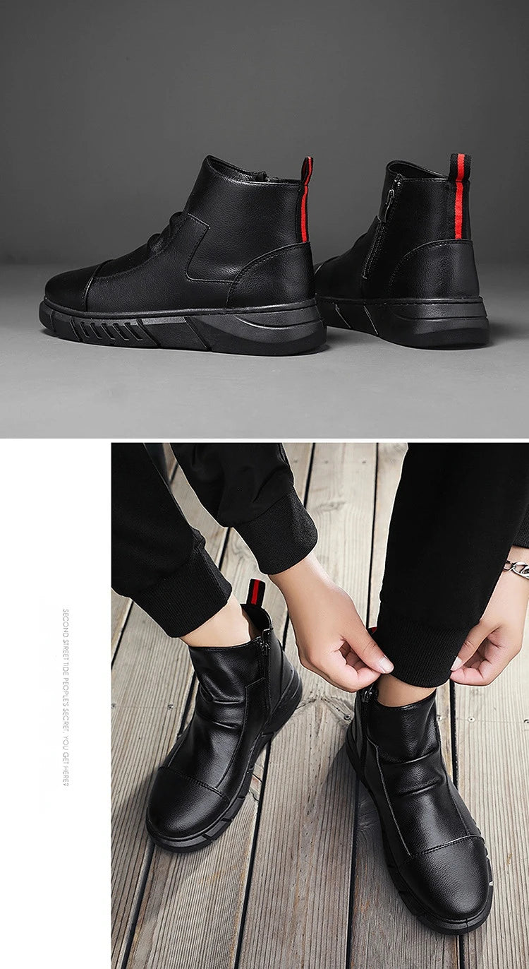 Black Boots for Men Fashion Leather Shoes Platform Ankle Boots Outdoor Comfortable Soft Men Motorcycle Booties Botas Hombre Piel MU Group