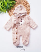 bear face welsoft plush hooded jumpsuit - Justyol