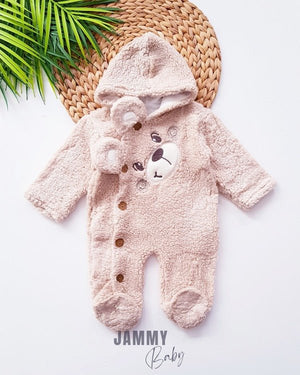 bear face welsoft plush hooded jumpsuit - Justyol