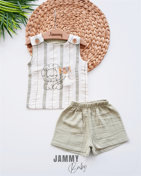 Lion Embroidery Themed Muslin Set - GREEN - Justyol