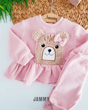 teddy bear appliqued fleece set - brown - Justyol