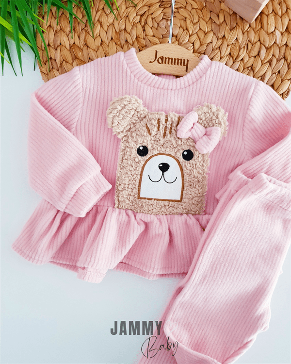 teddy bear appliqued fleece set - brown - Justyol