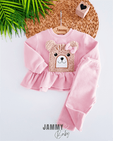 teddy bear appliqued fleece set - brown - Justyol