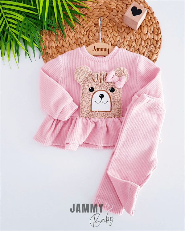teddy bear appliqued fleece set - brown - Justyol