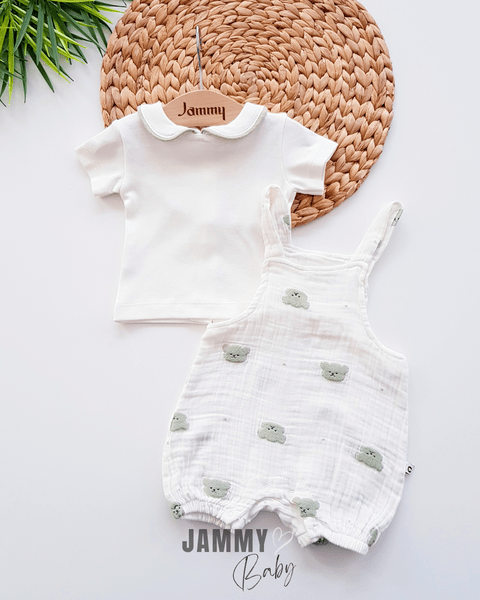 Teddy Bear Embroidered Muslin Salopet & Body Set - Justyol