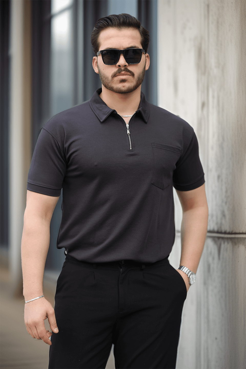 yarim fermuar tek cepli erkek t-shirt - Justyol