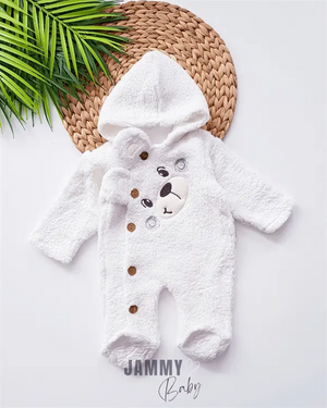 bear face welsoft plush hooded jumpsuit - Justyol