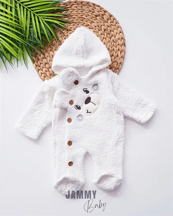 bear face welsoft plush hooded jumpsuit - Justyol