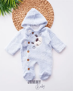 bear face welsoft plush hooded jumpsuit - Justyol