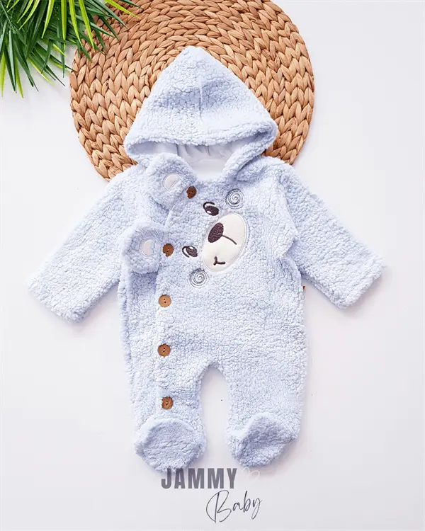 bear face welsoft plush hooded jumpsuit - Justyol