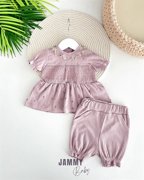 waist gipe detail short sleeve set with shorts - Justyol