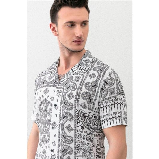 Beyaz Erkek Şal Desenli Kısa Kol Regular Fit Gömlek - Justyol