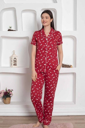 dreamy pamuklu biyeli kalp desenli kisa kollu cepli gömlek pijama takimi - Justyol