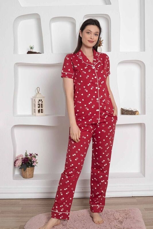 dreamy pamuklu biyeli kalp desenli kisa kollu cepli gömlek pijama takimi - Justyol