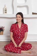 dreamy pamuklu biyeli kalp desenli kisa kollu cepli gömlek pijama takimi - Justyol