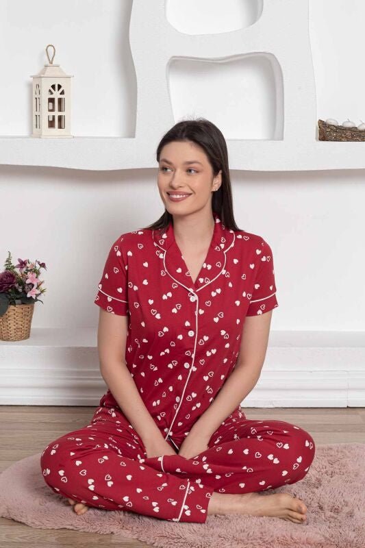 dreamy pamuklu biyeli kalp desenli kisa kollu cepli gömlek pijama takimi - Justyol