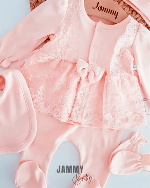 bride lace detailed 5 piece newborn set - salmon - Justyol