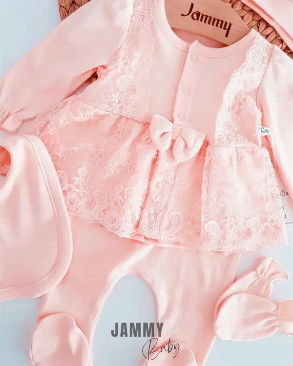bride lace detailed 5 piece newborn set - salmon - Justyol