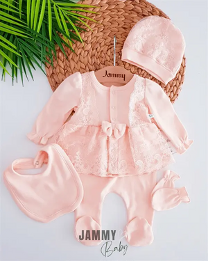 bride lace detailed 5 piece newborn set - salmon - Justyol