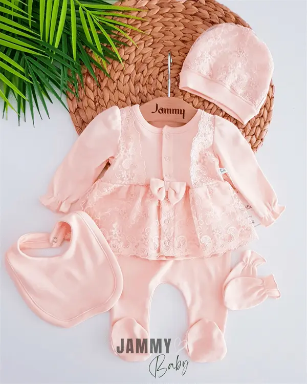 bride lace detailed 5 piece newborn set - salmon - Justyol