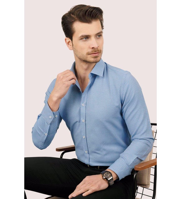 Buz Mavi Beyaz Armür Desenli Slimfit Kutulu Gömlek - Justyol
