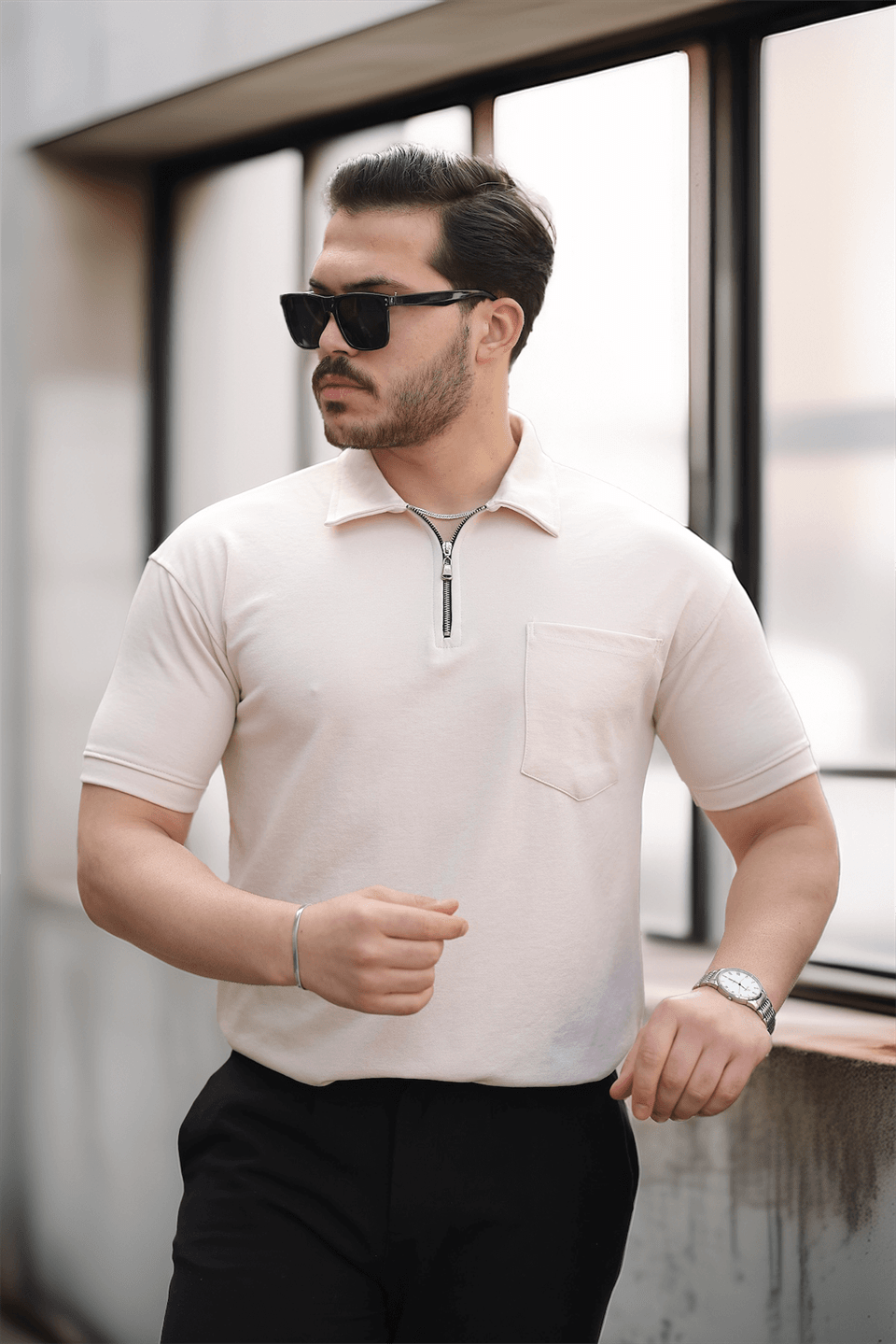 yarim fermuar tek cepli erkek t-shirt - Justyol