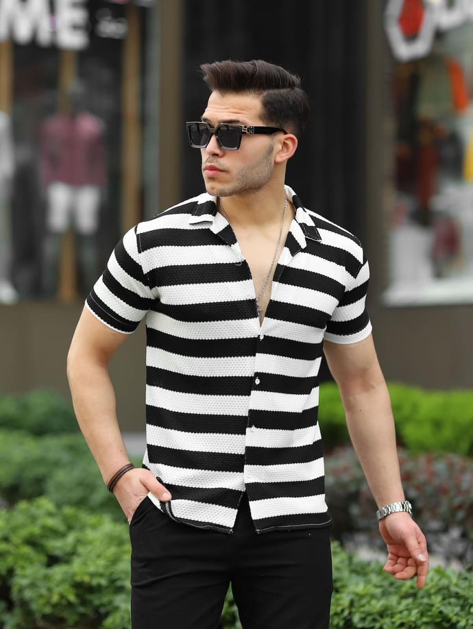 Çizgili Pamuk Örme Premium Fit Gömlek - Justyol