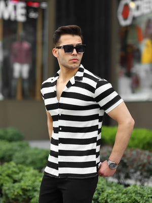 Çizgili Pamuk Örme Premium Fit Gömlek - Justyol